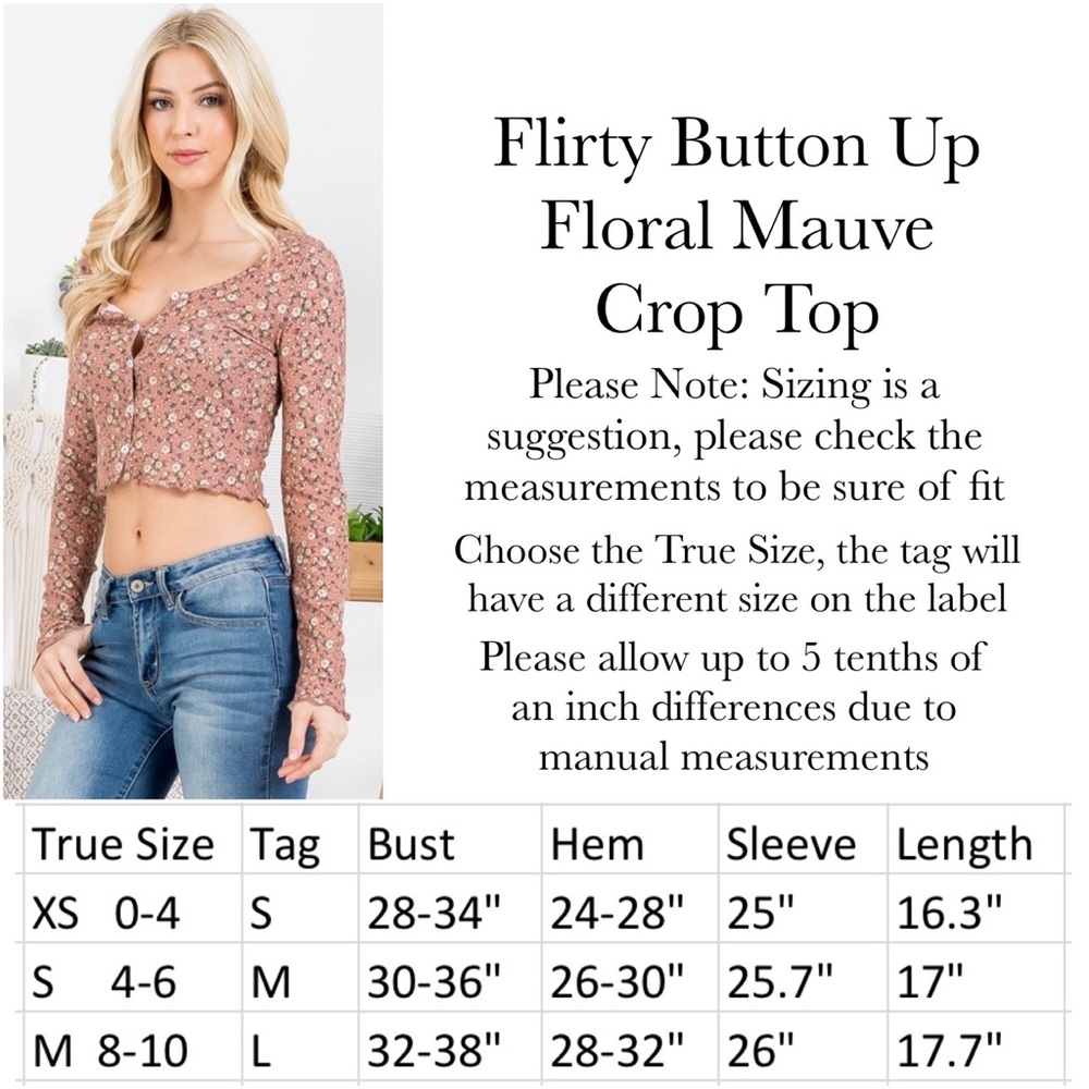 Flirty Long Sleeve Button Up Floral Mauve Crop Top - Picture 16 of 16
